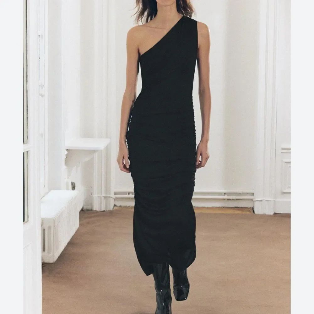 Zara Black One Shoulder Drape Stretchy Midi Dress(Size Small)